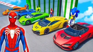 Hulk, Sonic, SpiderMan Sport Cars RACING Challenge Competition in the Sky Ramps | GTA 5 MODS