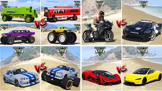 Monster Train vs Tesla Car vs Monster Truck Limousine Car vs Police Car - GTA 5 Cars Which is Best?