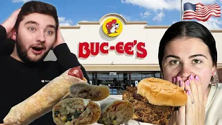 Brits try BUC-EE'S Food for the first time! (American Gas Station food!)