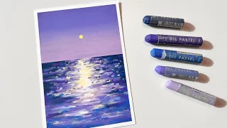 오일파스텔로 보랏빛 밤바다 그리기🌕| Oil pastel Drawing for beginner