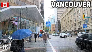 🇨🇦 【4K】⛈️⛈️⛈️ Heavy Rain in Downtown Vancouver BC. Travel Canada. Relaxing Walk.