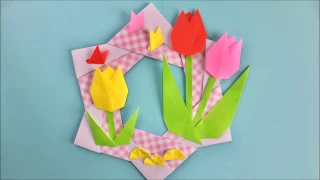 【折り紙】春のリース・チューリップ　Tulip Wreath