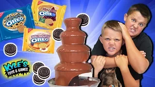 GIANT Chocolate Fountain Battle!  Exotic Rare Oreo Cookies! Kids React to Fun Taste Test!