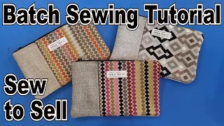 Sew to Sell tutorial includes how I batch sew zippered bags with upholstery fabric sample swatches