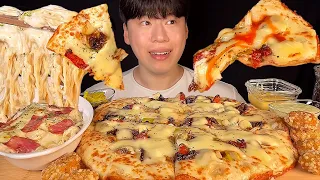 SUB) Korean mega mozzarella cheese pizza, chicken nuggets, carbonara mukbang asmr