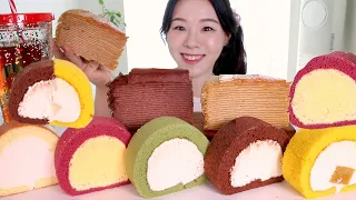 ASMR Cream Bread Crepe Cake Mukbang 디저트39 크레이프 케이크 도쿄롤 먹방 💛 크림빵 롤케이크 조각케이크 초코케이크 카라멜케이크 Dessert