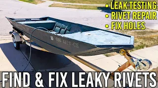 HOW TO FIX LEAKY RIVETS AND TRANSDUCER HOLES ON ALUMINUM JON BOAT BUILD USING SOLID AND POP RIVETS