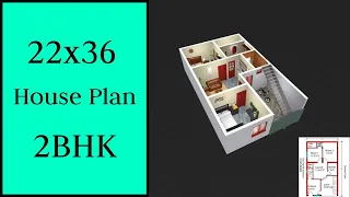 22x36 House Plan 2BHK || 800 Sqft Ghar Ka Naksha || 3D Home Design || 3 Marla House Design