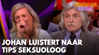 Seksuoloog Eveline Stallaart geeft tips tegen vroegtijdige zaadlozing; Johan luistert aandachtig mee