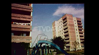 Apartment building PRIPYAT city built for workers of Chernobyl nuclear plant USSR stock footage 1985