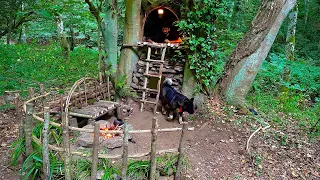 BUSHCRAFT CAMPING in Rain Forest; Building a WOOD and ROCK 2 STOREY SHELTER. Survival - Asmr Cooking