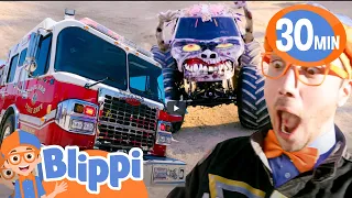 Monster Trucks and Firetrucks with Blippi! | Vehicles Adventure | Educational Videos For Kids