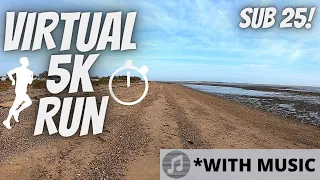 5K VIRTUAL TREADMILL RUN SUB 25 MIN MERSEA ISLAND BEACH WITH MUSIC - Pace 7:52/mile, 3O0 kcal, Coast