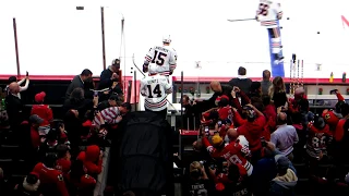 Blackhawks arrive for their pre-game warm-up at the Blackhawks @ Senators hockey game