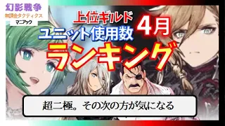 幻影戦争 4月ギルバト使用数ランキング！両方必須な課金圧。どっちかを使った上で工夫せよ。で、春ジューム悪モント先に完メタされるのはどっち…来月気になる【WAROFTHEVISIONSFFBE】WOTV