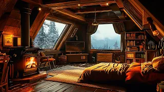 Winter Cozy Bedroom in Snowfall Ambience with Fireplace Sound and Smooth Jazz for Study, Sleep