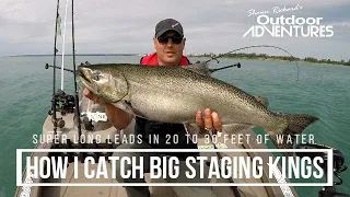 How I catch big staging Salmon, fishing solo on Lake Ontario. Long leaders in shallow water