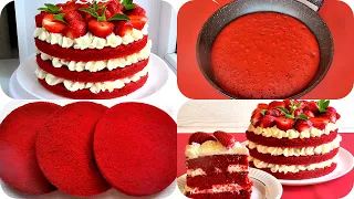 Без ДУХОВКИ!!! Красный бархат на СКОВОРОДЕ!!! Торт на сковороде!!! Red Velvet Торт с клубникой