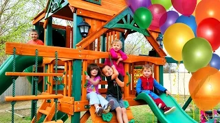Surprise Kinder Playtime Playhouse Fun Kids Play on Swings Lots of Slides Friend Party Swingset