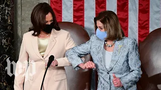 Kamala Harris and Nancy Pelosi elbow bump ahead of Biden's address to Congress