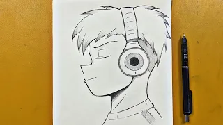 Easy anime sketch || how to draw anime boy wearing headphones step-by-step