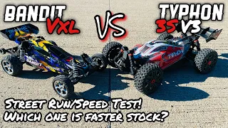 Traxxas Bandit Vxl vs. Arrma Typhon 3s v3, stock speed run!