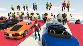 GTA 5 SPIDERMAN EXTREME JUMPS ON SUPER CARS ON HIGH RAMP (Falls Ragdolls Moments)