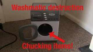 Washmatic toy washing machine destruction(?) || Chucking objects inside while spinning *it moves*