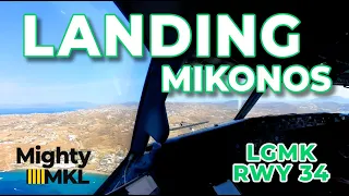 Landing runway 34 Mikonos airport (Mykonos). (LGMK - JMK) (Flaps 40, autobrakes MAX).