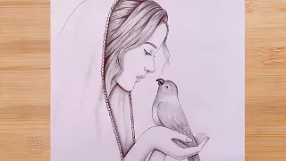 How to draw A girl with a parrot - step by step || Pencil Sketch for beginners