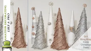 DIY  GLAM BLING WRAP Cone Christmas Trees - Festive Friday Holiday Decorating Collab #2