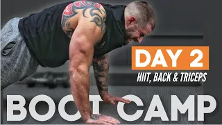 Boot Camp Day 2 | Back, Triceps & HIIT Cardio | 30 Min Upper Body Dumbbell Workout