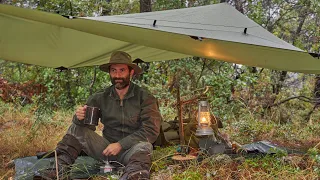 Camping in the Rain and Storm  - Bushcraft lantern stand, Thunder, Cooking steak and rice, Sage tea