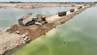 Amazing New Road Building Technology Over Water Bulldozer Pushing Rock Truck Unloading Rock