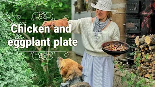 Cooking chicken and eggplant plate for you in my fairy village house!!!!