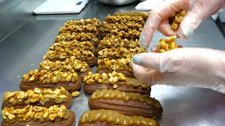 Gold Dusted Chocolate Snickers Eclair | Tangerine Tart | at "Cream Dream" Ukraine Vegan Pastry Cafe