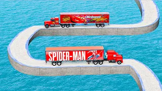 Mack Truck vs Spider Man Truck vs Impossible Spiral Bridge Vs Deep Water - BeamNG.Drive
