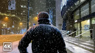 【4K】Downtown Vancouver Night Walk in Heavy Snow | Canada (Sounds Of Snowfall)