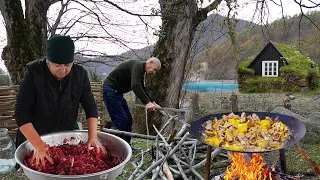 Grandma and Grandpa Cooked Traditional Liver Kebab and Sadjichi on Riverside | Outdoor Cooking