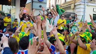 Brazilian fans vs. Argentine fans. Nikolskaya street, Moscow, Russia. 06/18/2018