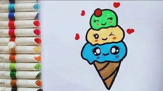 Cute Drawing of Three flavour ice-cream ice 🍨 cone|| Easy painting for kids toddler's