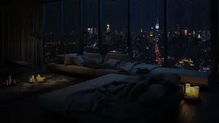 Relaxing Living Room Apartment at night city with Rain on window