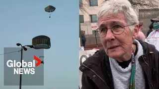 US Gaza food aid airdrop dismissed by protesters: “Dropping some food, dropping the bombs”