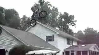 BMX Pool Jump       Some insane kid makes a huge jump on his bike into the pool.