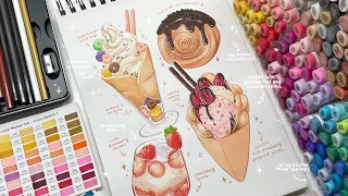 draw with me - sweet desserts illustrations🍓🥐🍦 using alcohol-based markers and colored pencils ₊˚✧