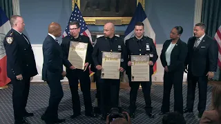 Mayor Eric Adams Honors Three Officers Injured on New Years Eve with NYPD Commissioner Sewell