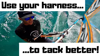 How to set your harness lines correctly into better tacks! Ride-Along Windsurf Session with Cookie