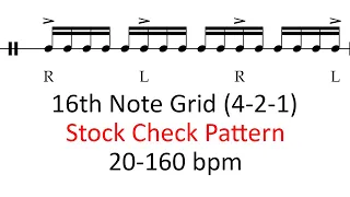 Stock check pattern | 20-160 bpm play-along 16th note grid drum practice sheet music