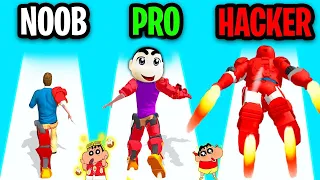 SHINCHAN UPGRADING into IRON MAN in IRON SUIT 3D GAME | NOOB vs PRO vs HACKER Shinchan Game | AMAAN