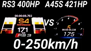 Mercedes A45s AMG 421 hp Audi RS3  400 HP Acceleration sound 0-250km/h 100-200 km/h